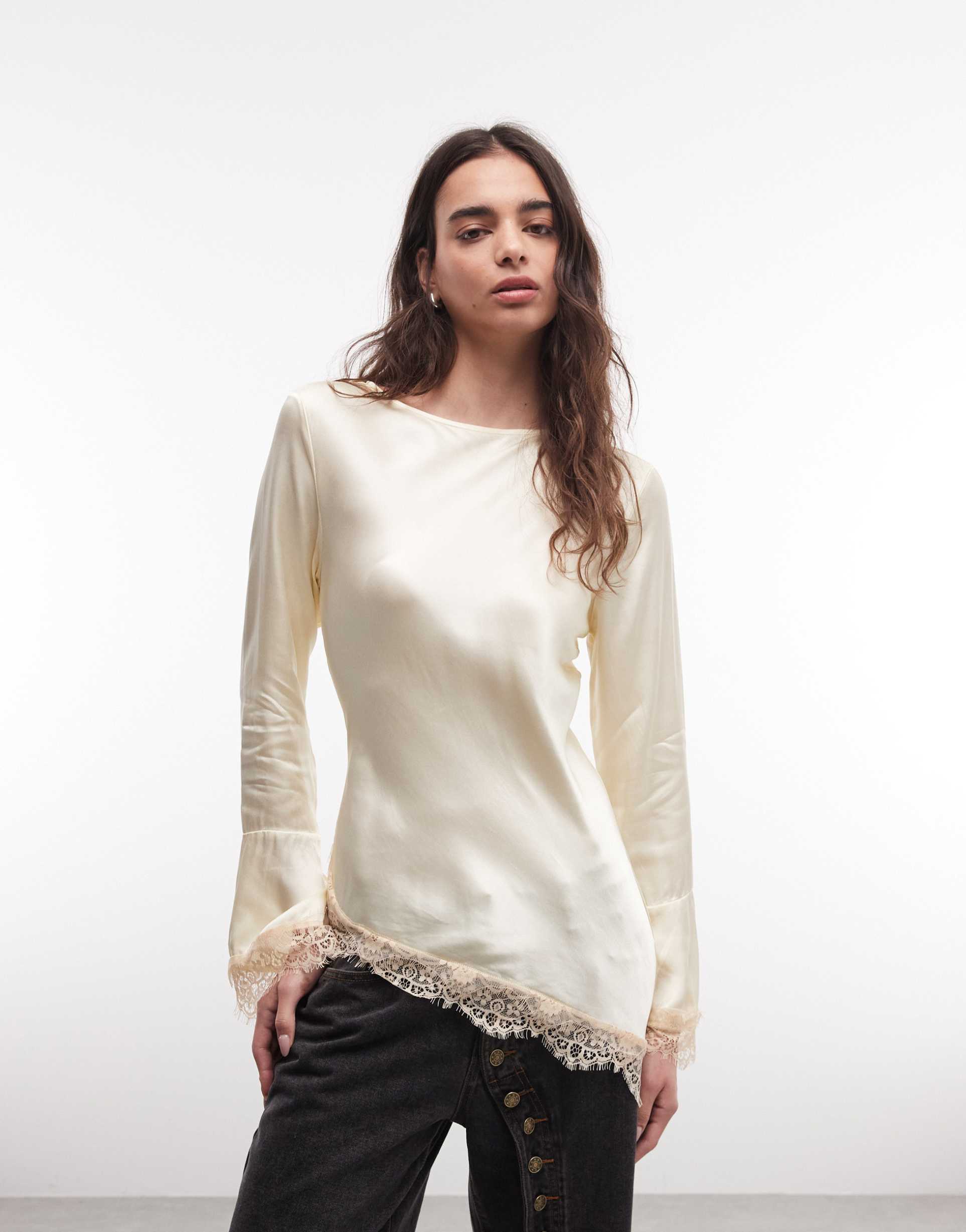 reclaimed vintage asymmetric satin blouse with flare sleeve in cream