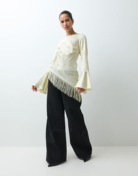 Reclaimed Vintage asymmetric satin jacquard blouse with flare sleeve in ivory