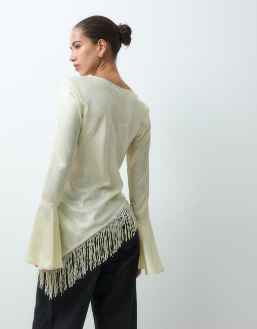 Reclaimed Vintage asymmetric satin jacquard blouse with flare sleeve in ivory, 5 of 5