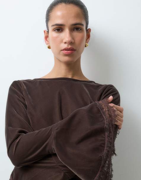 Reclaimed Vintage asymmetric velvet blouse with flare sleeve in chocolate - view 1