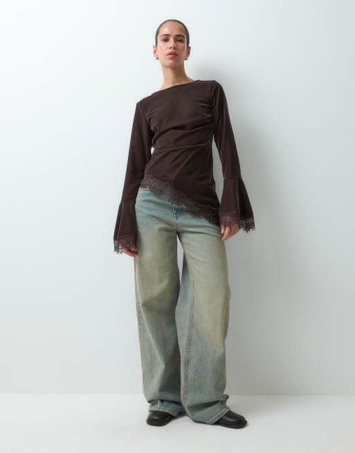 Reclaimed Vintage asymmetric velvet blouse with flare sleeve in chocolate, 2 of 5