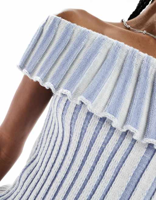 Reclaimed Vintage asymmetrical off shoulder knit top in baby blue, 2 of 4