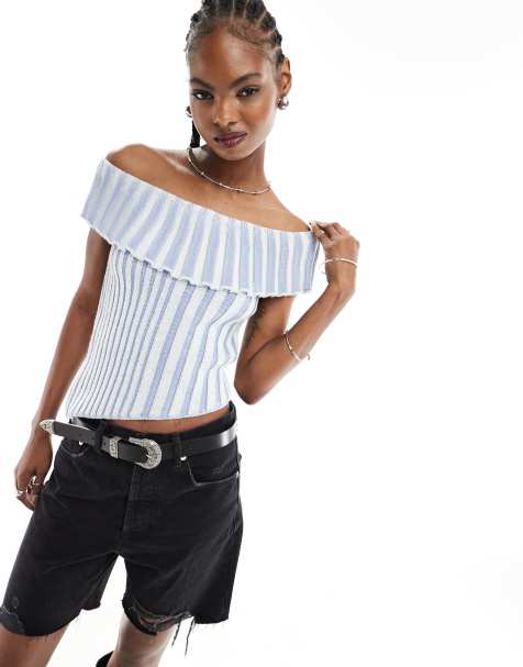 Reclaimed Vintage asymmetrical off shoulder knitted top in baby blue - view 1