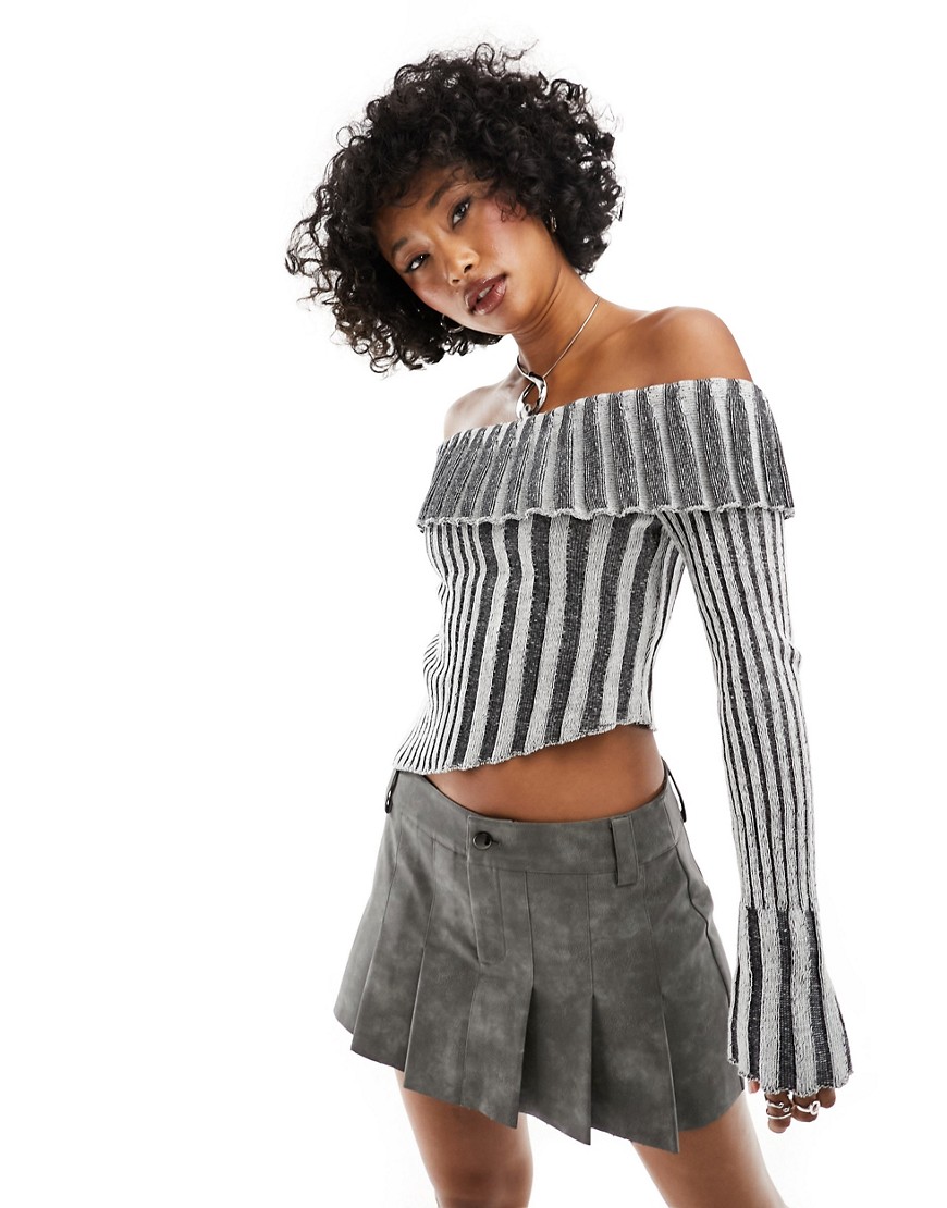 asymmetrical off shoulder knitted top in gray heather-Black