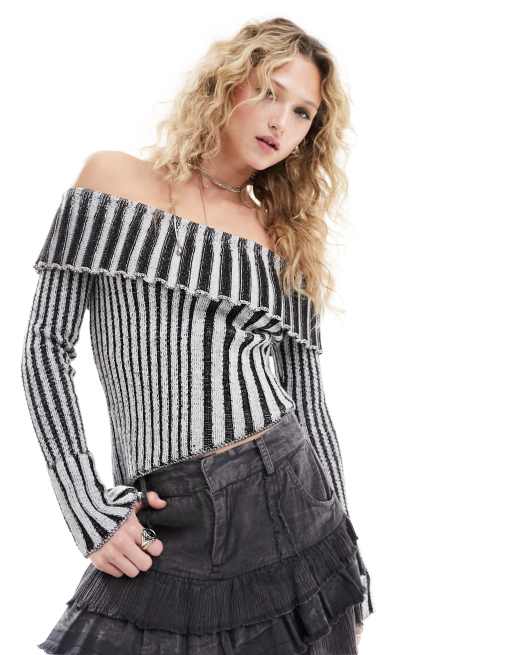 Reclaimed Vintage asymmetrical off the shoulder knit top in black braided  rib