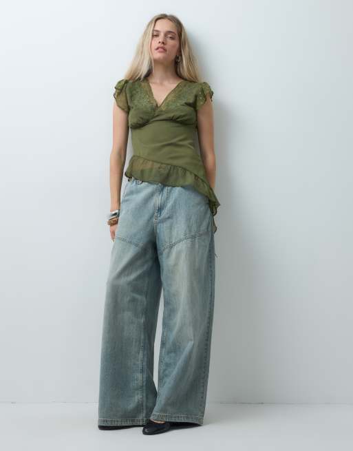 Reclaimed Vintage asymmetrisk tea top med broderi i khaki, 2 af 4