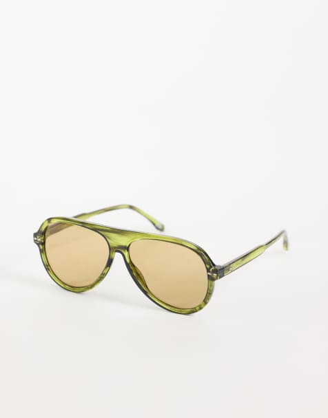 Reclaimed Vintage aviator sunglasses with green lens in olive - view 1