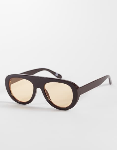 Reclaimed Vintage aviator sunglasses with yellow lens in chocolate brown - view 1