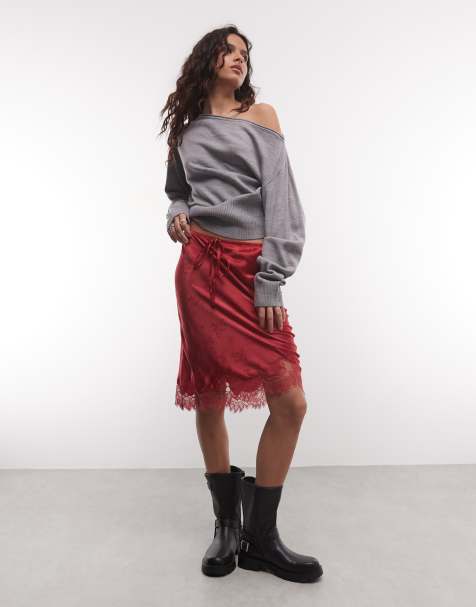 Reclaimed Vintage awkward length satin jacquard midi skirt with lace trim in red - view 1