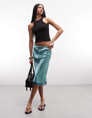 Reclaimed Vintage Awkward Length Satin Midi Skirt With Lace Trim In Blue