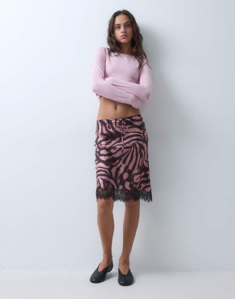 Reclaimed Vintage awkward length satin midi skirt with lace trim in zebra print - view 1
