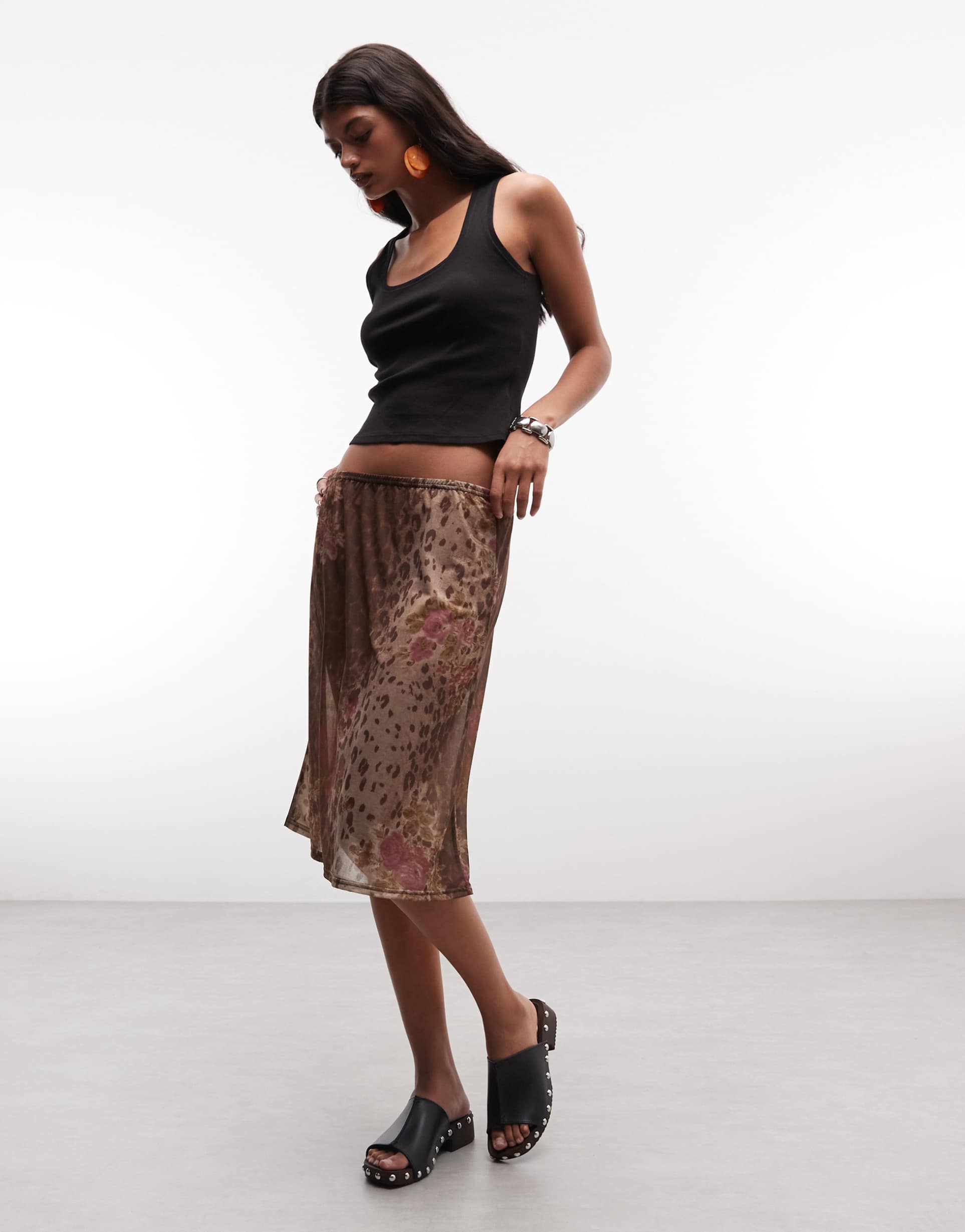 reclaimed vintage awkward length slip skirt in floral animal print