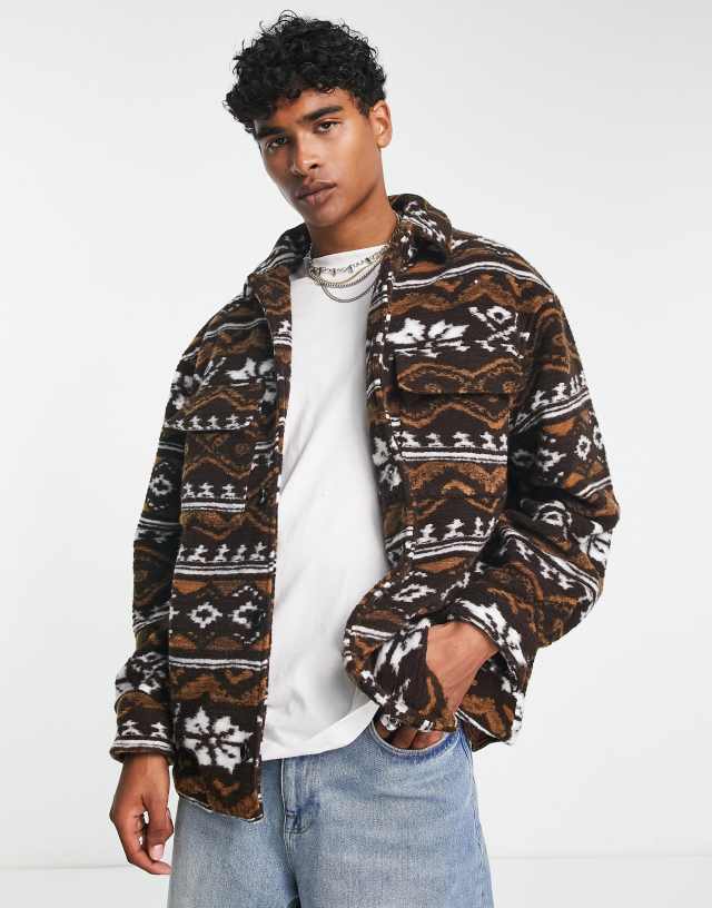 Reclaimed Vintage aztec print shacket in brown