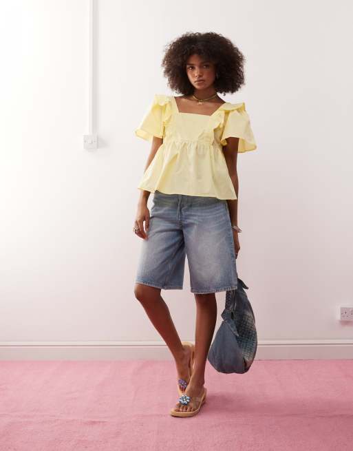 Reclaimed Vintage baby doll smock top with frills in buttermilk yellow