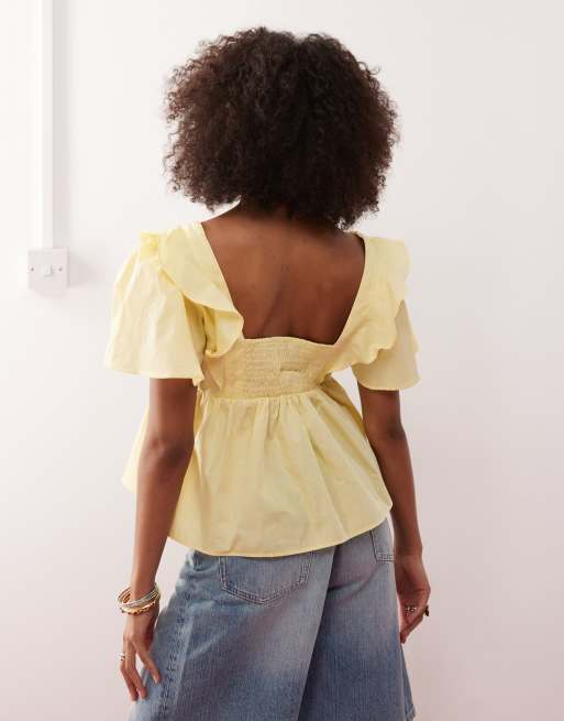 Reclaimed Vintage baby doll smock top with frills in buttermilk yellow