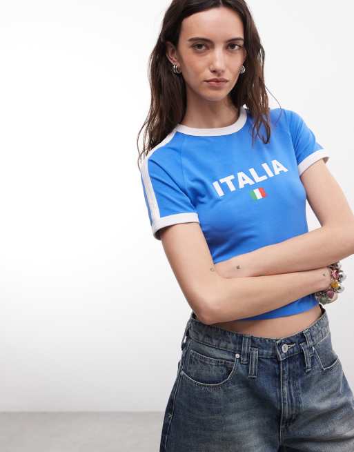 Reclaimed Vintage baby tee with 'Italia' slogan in blue