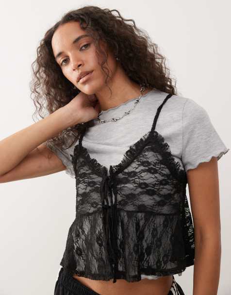 Reclaimed Vintage baby tee with lace layered cami in black - view 1