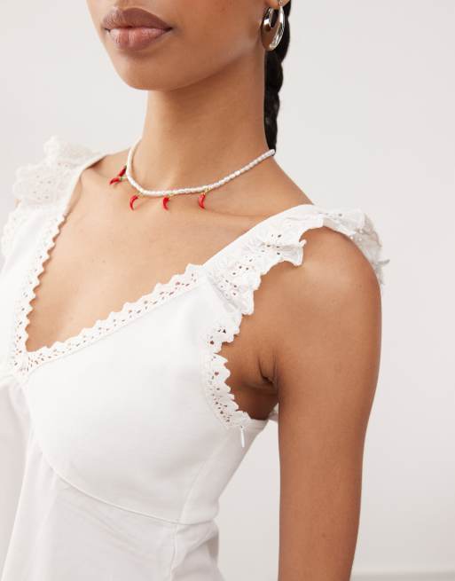 Reclaimed Vintage babydoll poplin cami mini dress with broderie and lace trims in cream