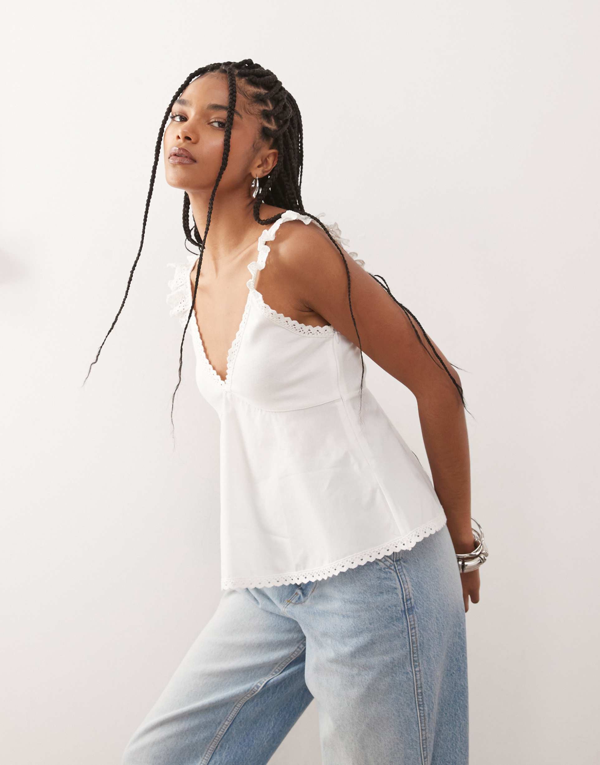 reclaimed vintage babydoll poplin cami with broderie and lace trims in cream