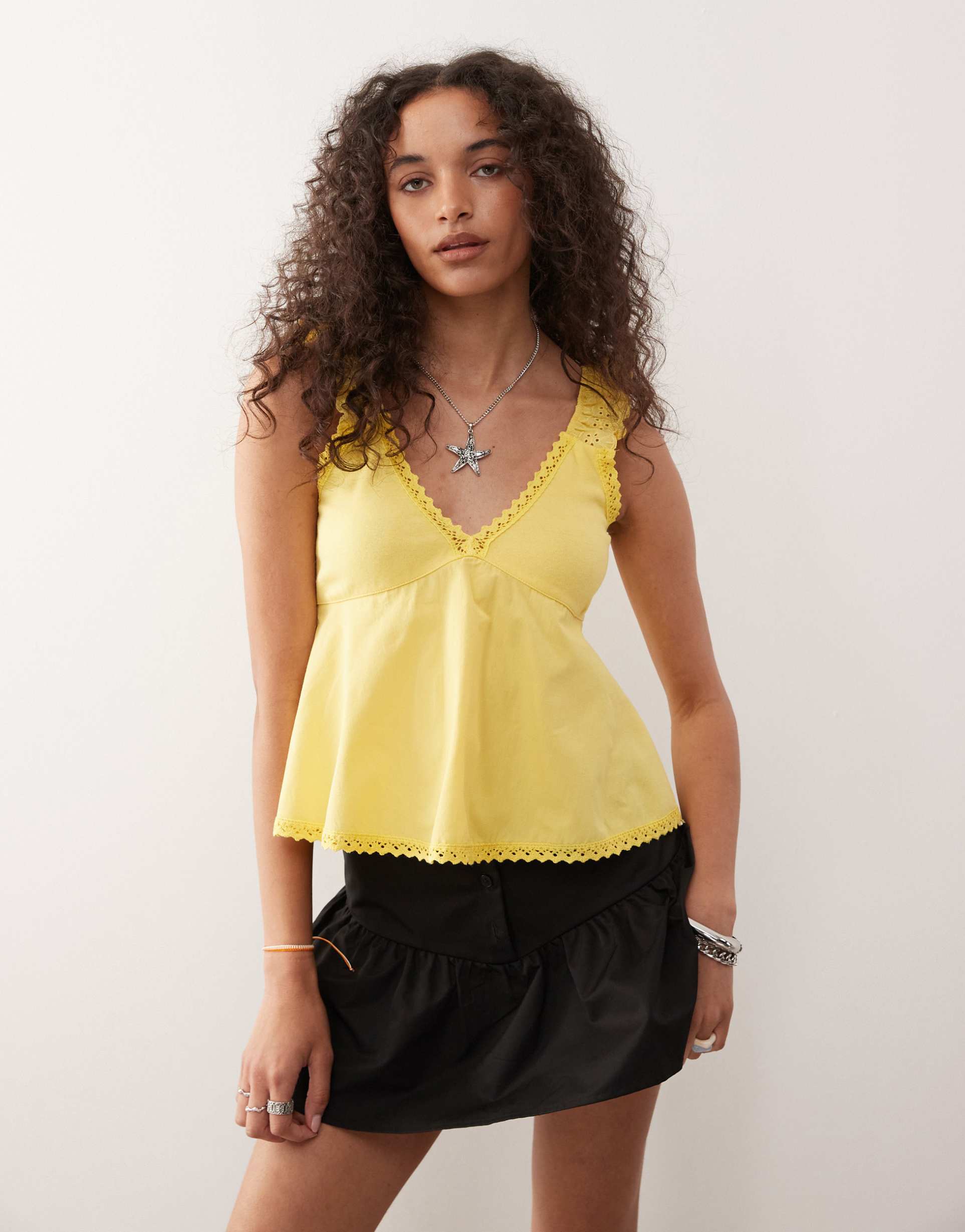 reclaimed vintage babydoll poplin cami with broderie and lace trims in yellow