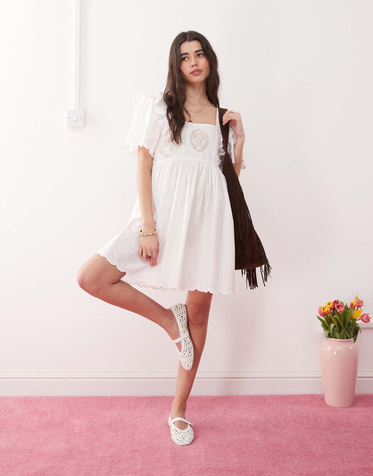 Reclaimed Vintage babydoll smock dress with embroidery in white