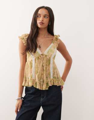 babydoll smock top with lace in paisley print-Multi