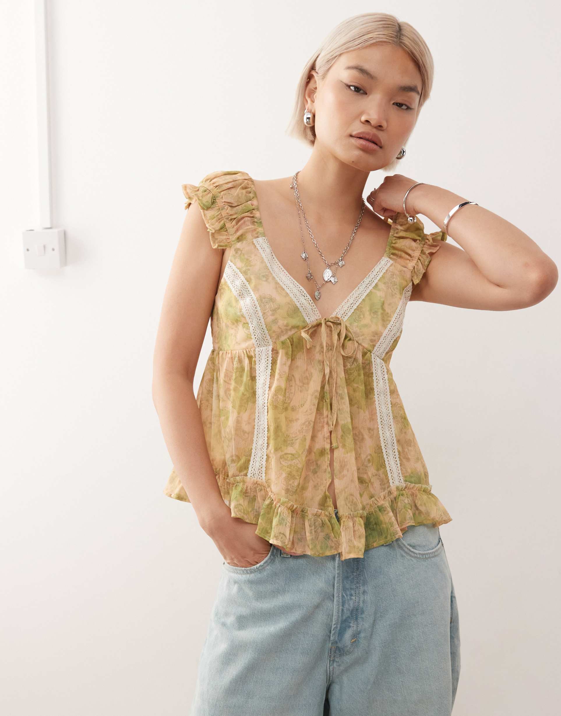 reclaimed vintage babydoll smock top with lace in paisley print