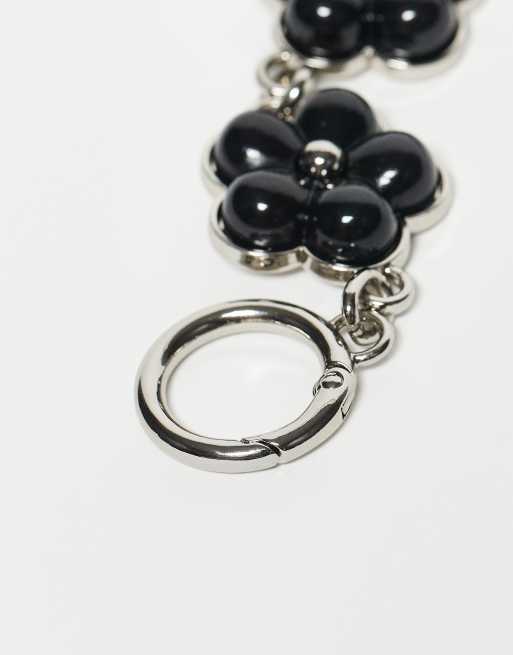 Reclaimed Vintage bag charm and key ring with black flowers in silver tone, 3 of 3