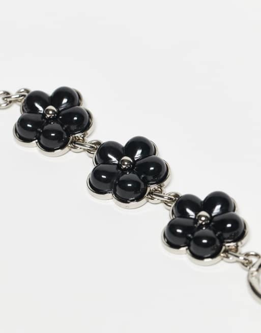 Reclaimed Vintage bag charm and key ring with black flowers in silver, 2 of 3