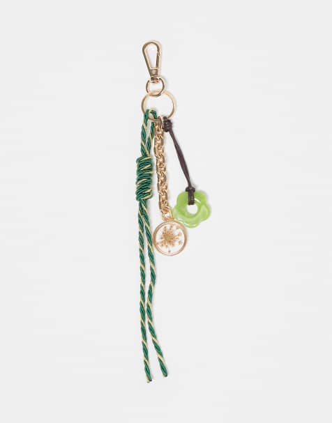 Reclaimed Vintage bag charm and key ring with floral detail in green - view 1