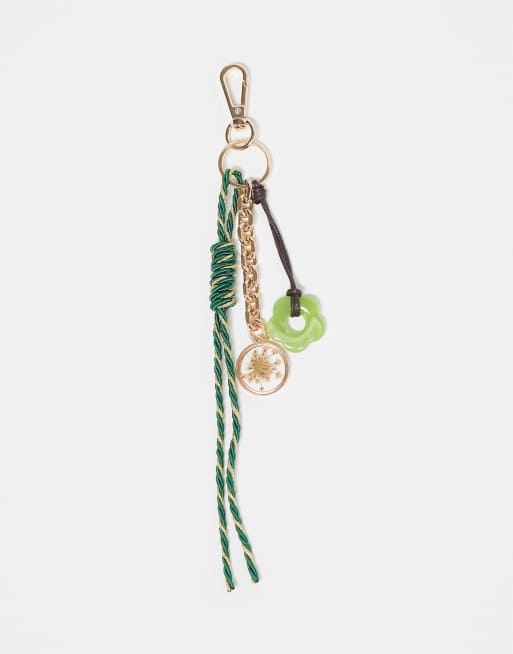 Reclaimed Vintage bag charm and key ring with floral detail in green