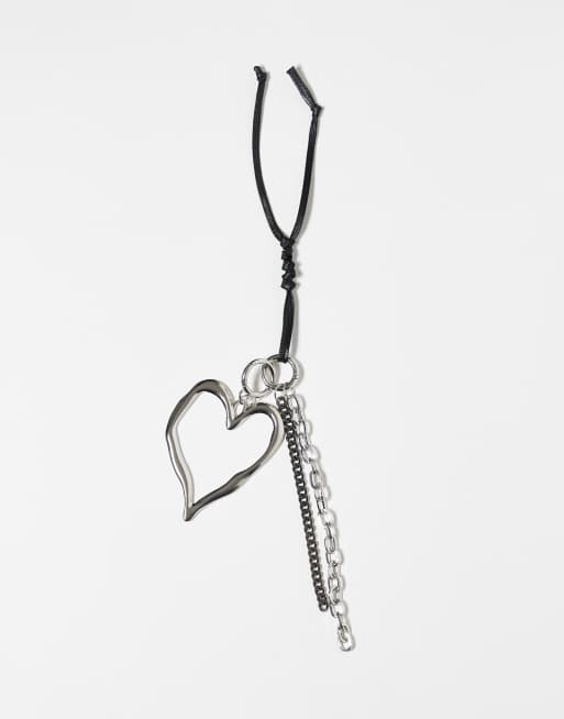 Reclaimed Vintage bag charm and key ring with heart and black ribbon in silver