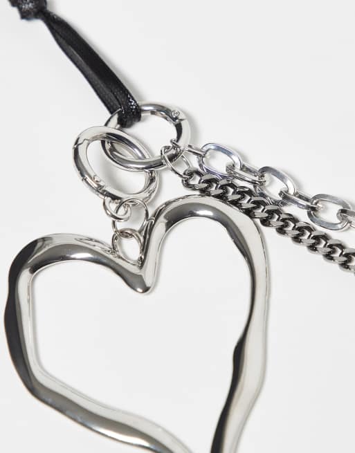 Reclaimed Vintage bag charm and key ring with heart and black ribbon in silver, 3 of 3