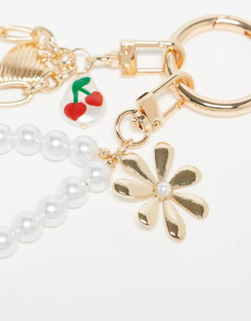 Reclaimed Vintage bag charm with pearls and flowers in gold