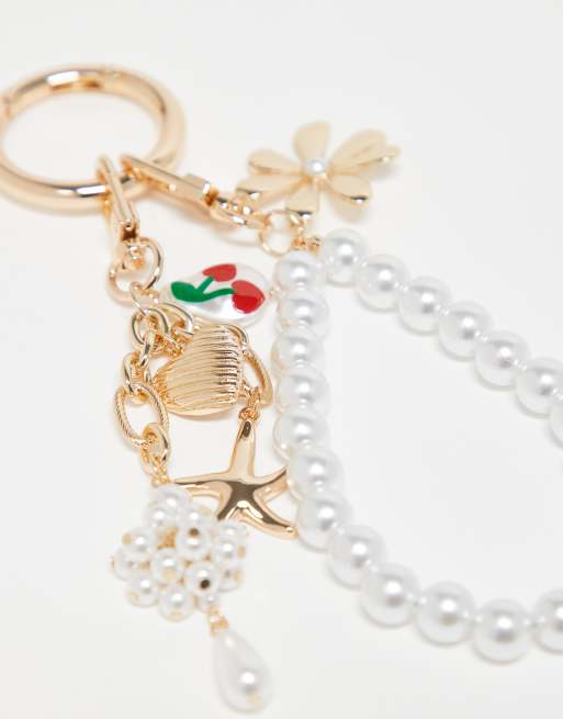 Reclaimed Vintage bag charm with pearls and flowers in gold