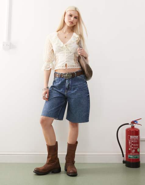 Reclaimed Vintage - Baggy denim jort met lage taille in middenblauwe wassing - view 1