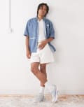 [Reclaimed Vintage] Reclaimed Vintage baggy fit shorter length pull on chino shorts in ecru-White S Ecru