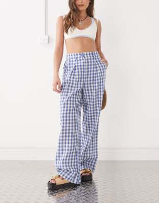 baggy tailored linen look pants in blue plaid-Green