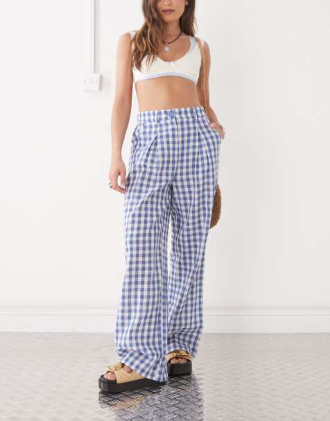 Reclaimed Vintage baggy tailored linen look pants in blue plaid - view 1