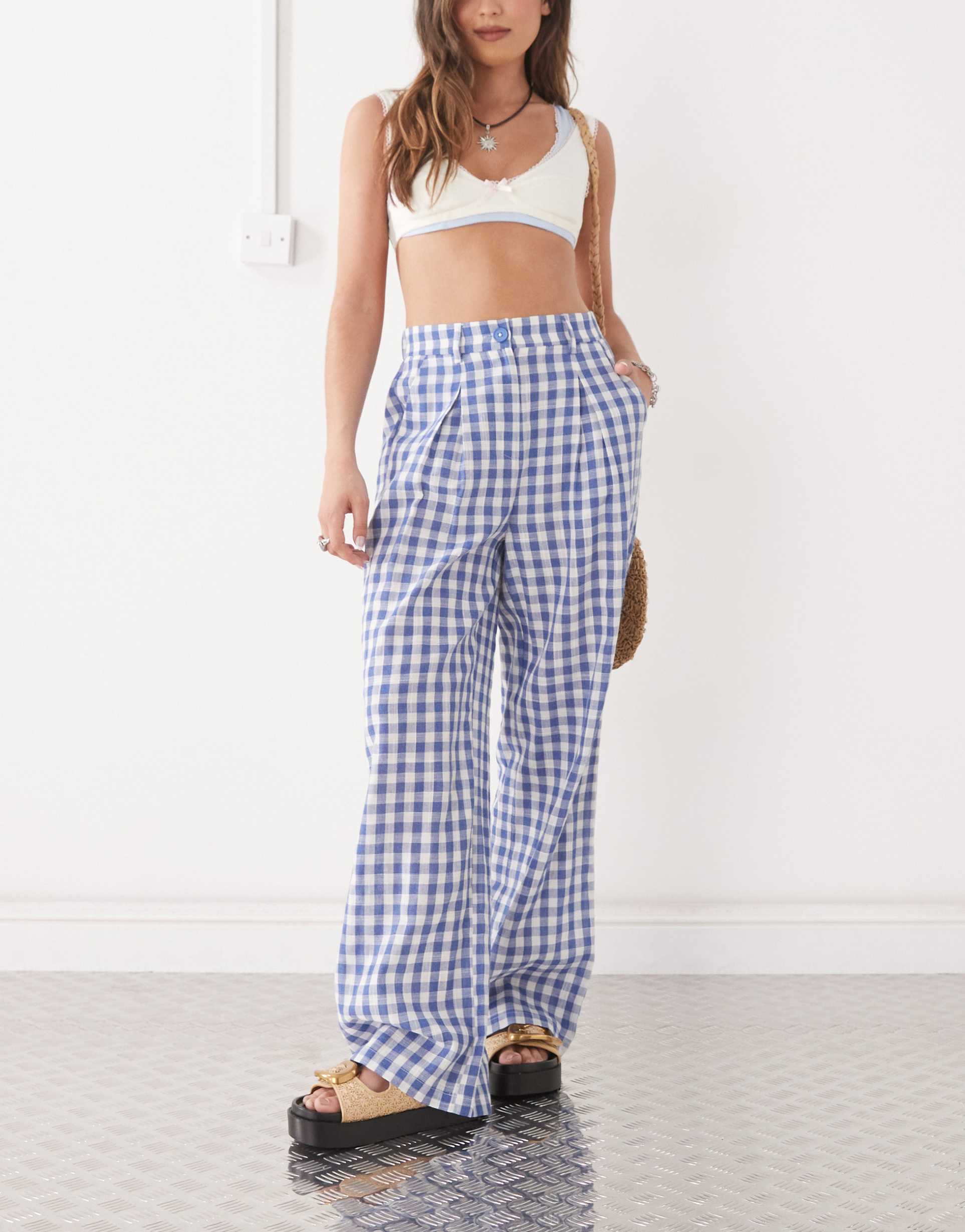 reclaimed vintage baggy tailored linen look pants in blue plaid
