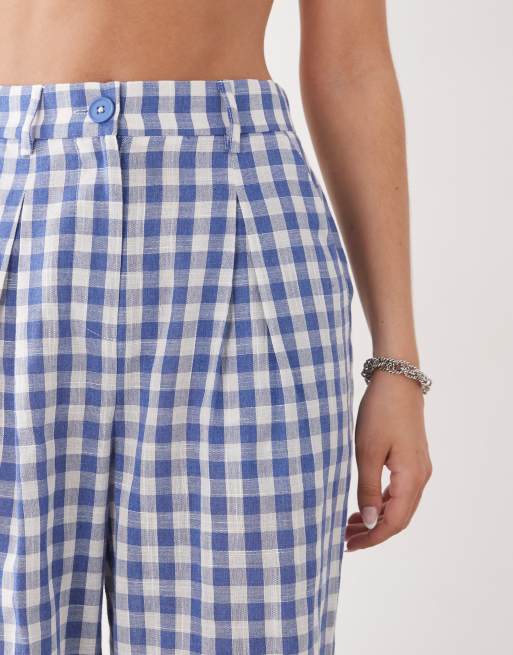Reclaimed Vintage baggy tailored linen look pants in blue plaid , 4 of 5
