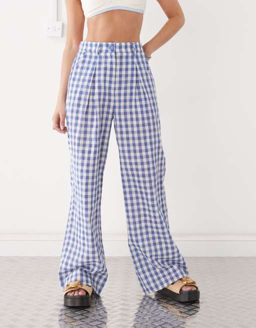 Reclaimed Vintage baggy tailored linen look pants in blue plaid , 5 of 5