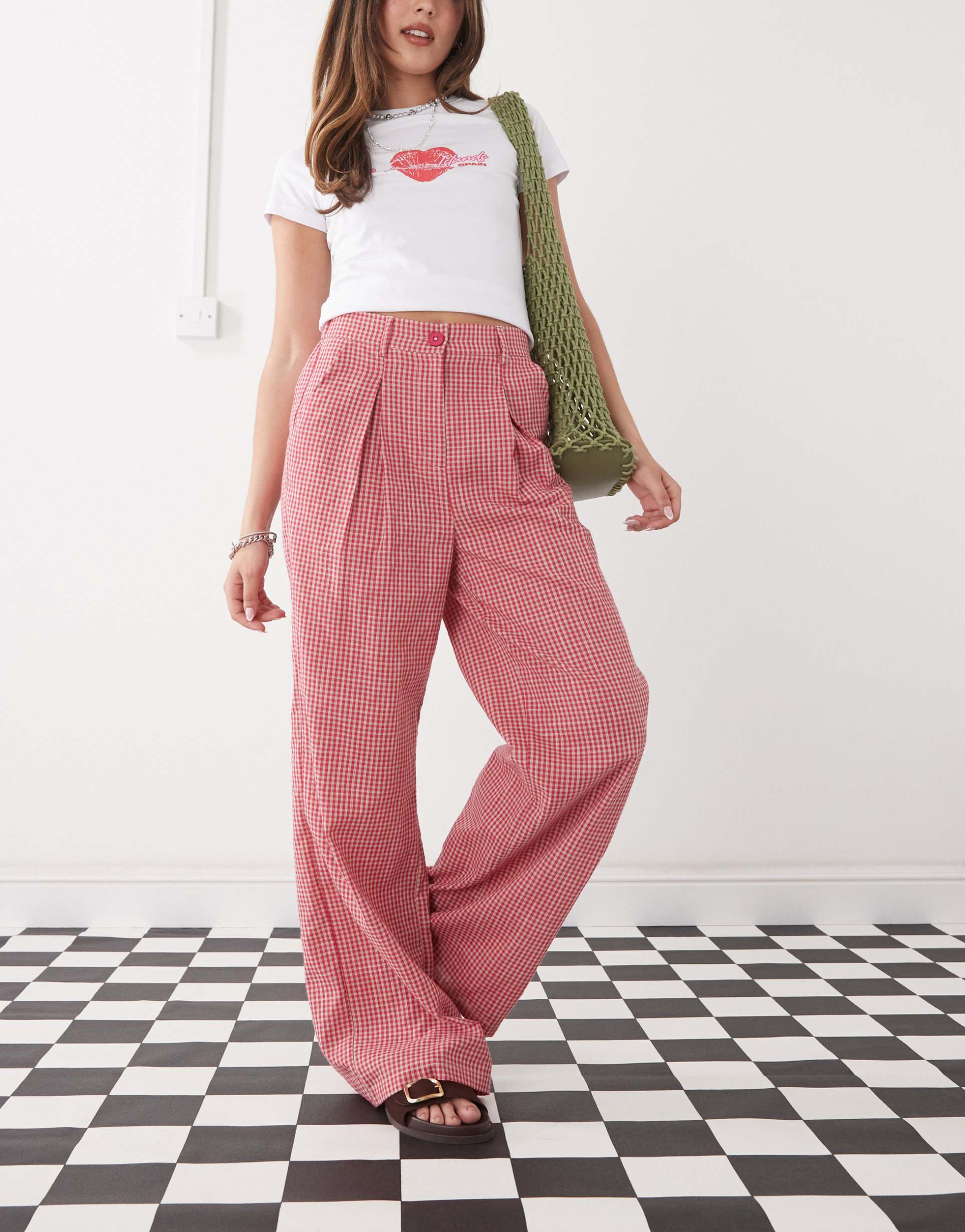 reclaimed vintage baggy tailored linen look pants in red gingham
