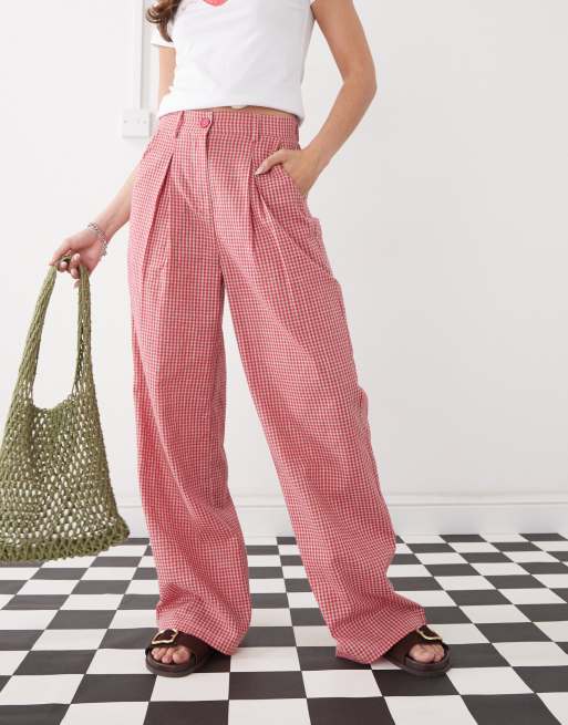 Reclaimed Vintage baggy tailored linen look pants in red gingham , 2 of 5