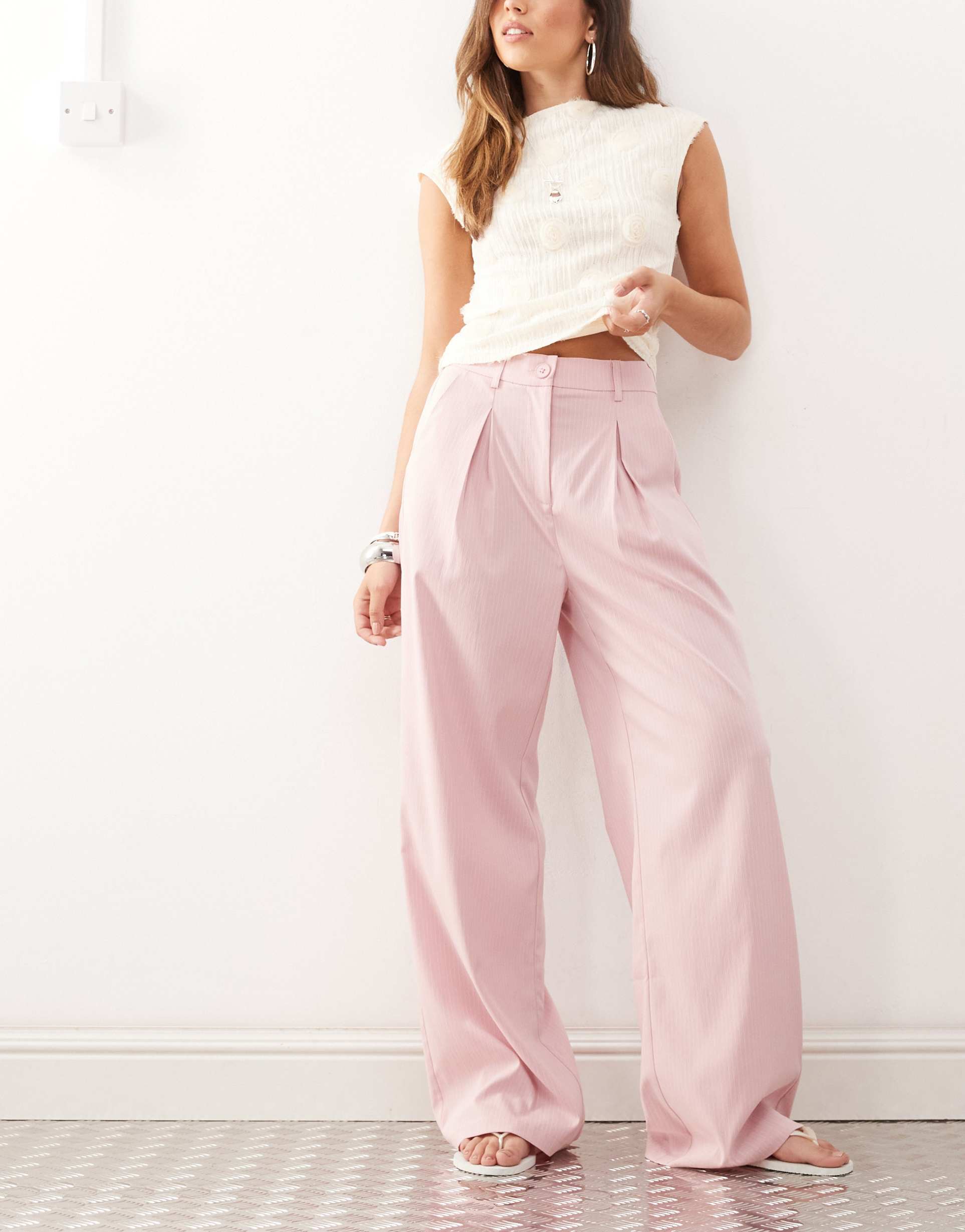 reclaimed vintage baggy tailored pants in pink stripes