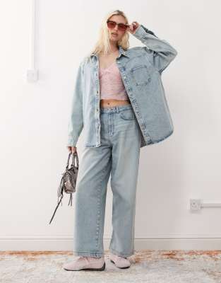 baggy wide leg denim jeans in light wash blue - part of a set