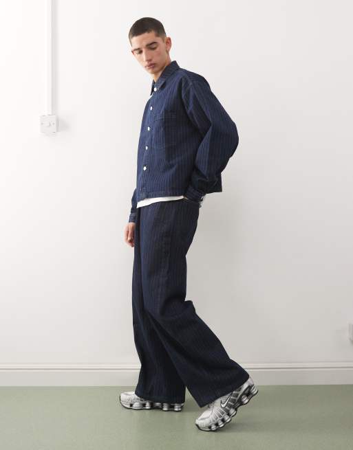 Reclaimed Vintage - Baggy jeans met wijde pijpen in blauw met krijtstreep, deel van co-ord set