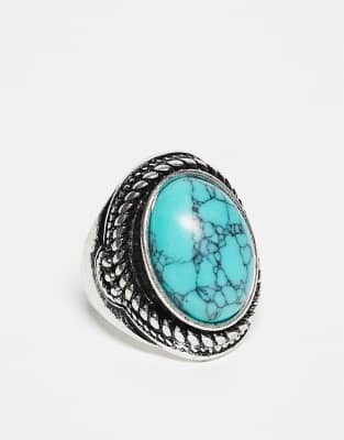 Reclaimed Vintage - Bague unisexe avec pierre verte fantaisie - Argenté