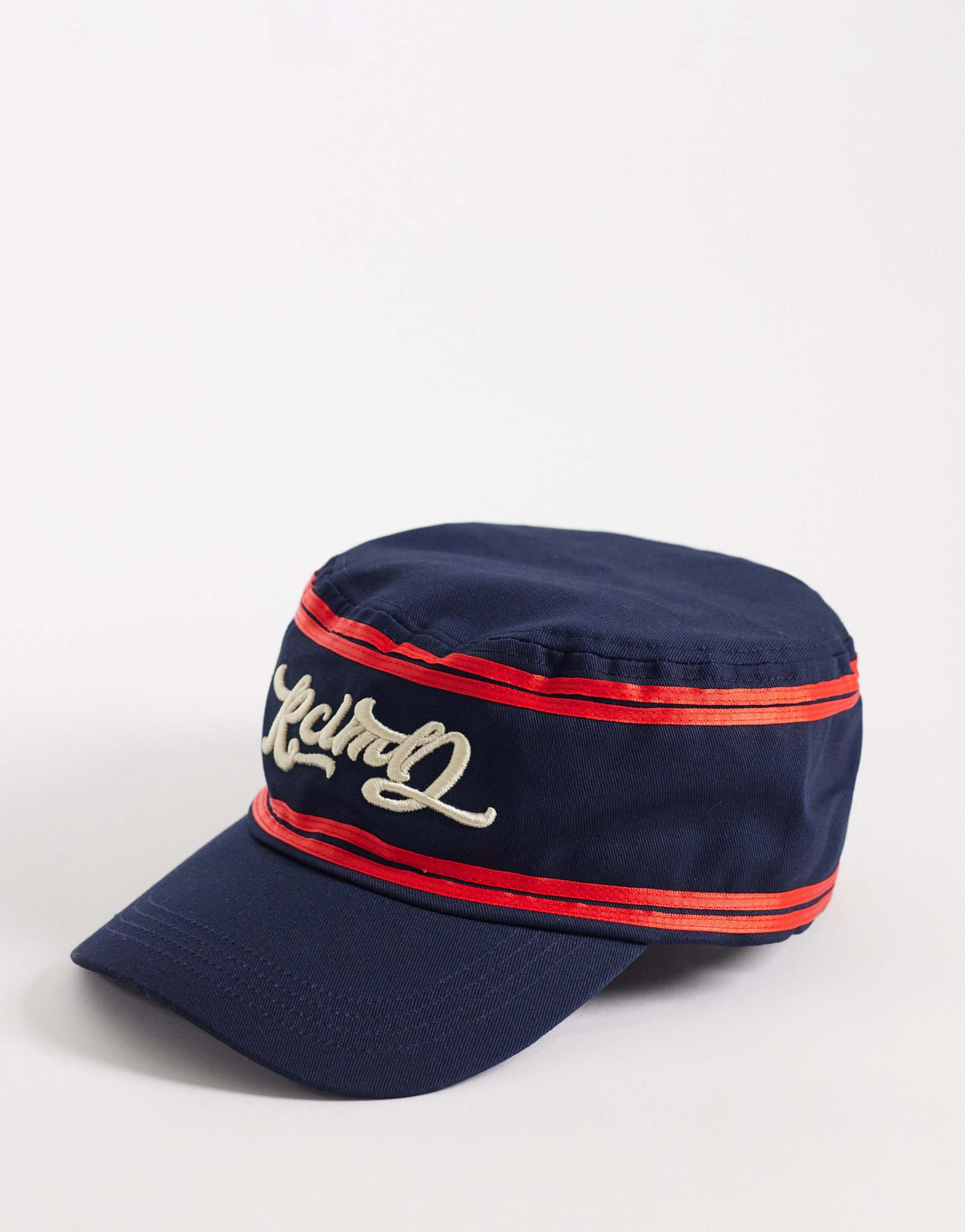 reclaimed vintage baker boy hat with piping and embroidery in blue