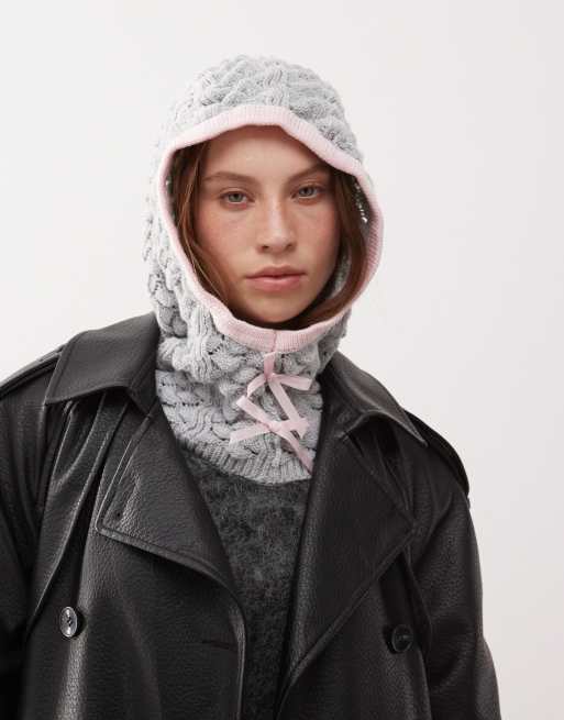 Reclaimed Vintage – Balaclava aus Strick in Grau mit Schleifen in Rosa, 4 von 4